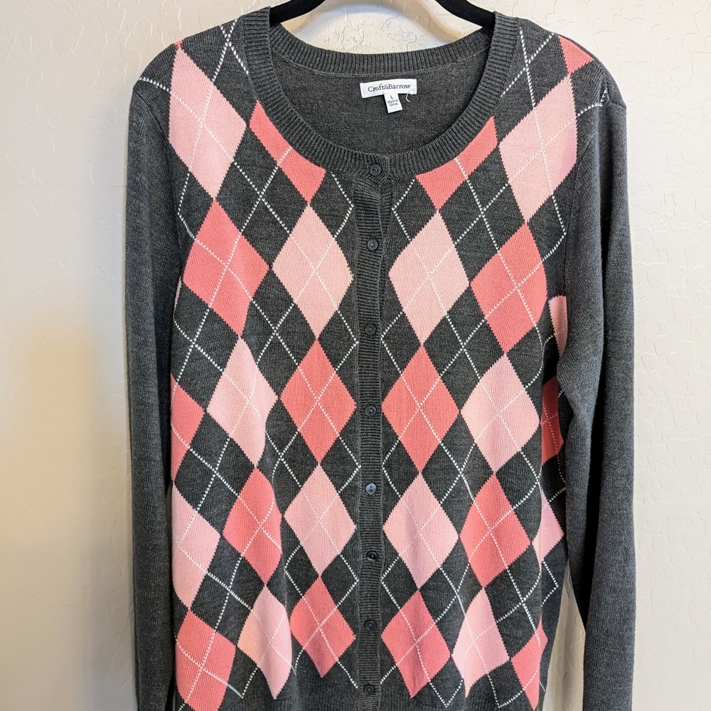 Craft and Barrow Classic Argyle Cardigan Sweater Pink & Gray Ladies Large - Picture 3 of 3